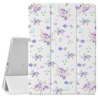 Imagem de VibrantFruitique Capa de flor lilás floral para iPad 9ª/8ª/7ª geração, 10,2 polegadas (versão 2021/2020/2019), capa protetora, porta-lápis, traseira de TPU macio transparente e capa com três dobras