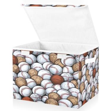 Imagem de Blueangle Caixas de armazenamento com padrão de bolas de beisebol com tampas, 42 x 32 x 30 cm, grande cesta organizadora dobrável para decoração de casa e escritório (528)