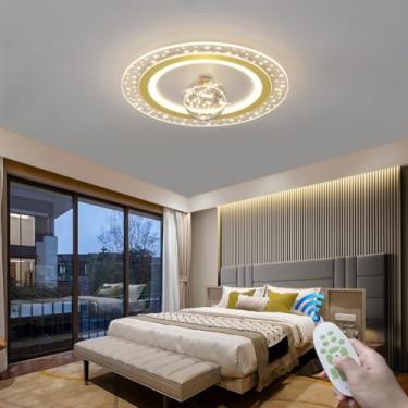 Imagem de Luminária de teto moderna em LED, criativa, em formato de anel, para sala de estar. Lustre dourado com intensidade regulável e controle remoto, função de luz noturna. Ideal para quartos de h