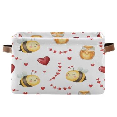 Imagem de Wassud Caixa de armazenamento de lona abelhas e corações com alças, cestas organizadoras dobráveis para armário, banheiro e decoração de casa, 1 pacote