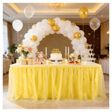 Imagem de THARAHT Saia de mesa de tule, toalha de mesa de 2,8 m e 270 cm de comprimento, para mesas retangulares ou redondas com babados, saia de mesa tutu para princesas, meninas, festa de aniversário, bolo