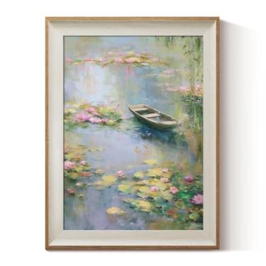 Imagem de ARPEOTCY Arte de parede em tela emoldurada, barco de lótus impressionista
