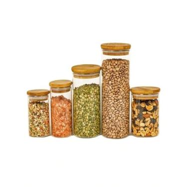 Imagem de Kit 5 Potes De Vidro Pequeno para Mantimentos com Tampa Bambu 200ml 250ml 300ml 400ml 550ml(Transparente)