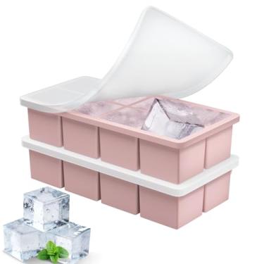 Imagem de Formas grandes para cubos de gelo, pacote com 2 bandejas de gelo de liberação fácil para freezer com tampa, bandeja grande de silicone empilhável, sem BPA, derretimento lento para uísque Bourbon