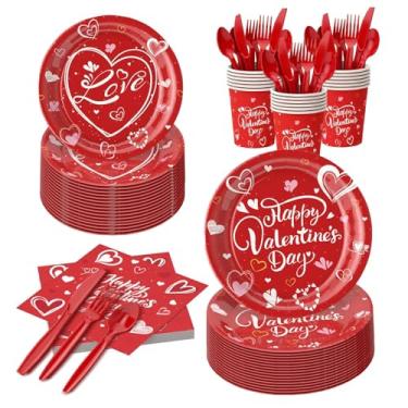 Imagem de JIEFULL 112 peças, pratos, guardanapos e copos de papel de Dia dos Namorados, descartáveis, amor, coração, festa dos namorados, serve para 16 pessoas para aniversários, casamentos, noivados, artigos