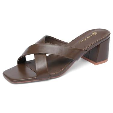 Imagem de NEWBELLA Sandálias femininas de salto quadrado - Design de alça cruzada com salto bloco, sandálias casuais de verão para praia e uso diário, Marrom, 34