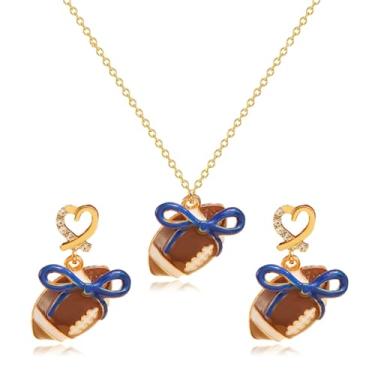 Imagem de RLHRNDE Conjunto de brincos de colar de futebol para mulheres moda ouro amor coração colorido brincos de laço dia de jogo ajustável corrente de futebol esporte jogo equipe fã joias presente, moderate