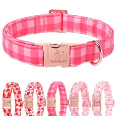 Imagem de Babole Pet Coleira de xadrez rosa para cães, coleiras femininas clássicas xadrez para cães, ajustável, resistente, para cães pequenos, médios e grandes com fivela de metal PP