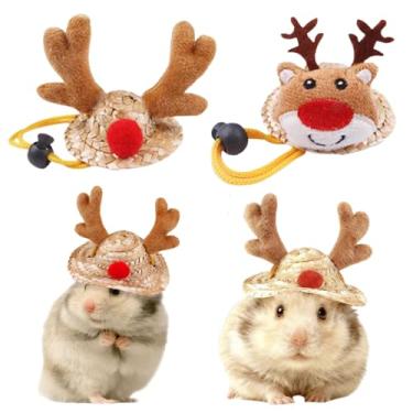 Imagem de 2 peças de chapéu de hamster para animais de estimação, chapéus com tema natalino, adorável acessório de cabeça de rena, chapéu de palha ajustável, adequado para hamsters, porquinhos-da-índia, ouriços