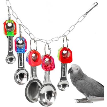 Imagem de Hyamass Brinquedos para pássaros, colher de aço inoxidável brilhante e anéis de acrílico coloridos, brinquedos de gaiola, para araras médias e grandes, periquitos, cacatuas, conures amazonas,