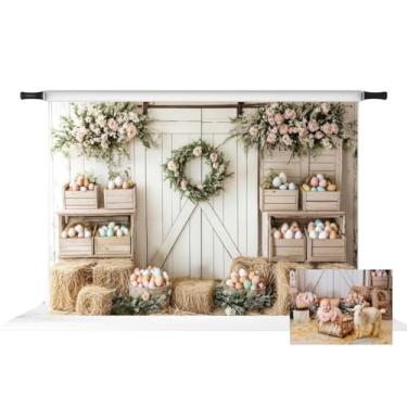 Imagem de Kate Pano de fundo de porta de celeiro de Páscoa para fotografia, decorações florais de primavera, adereços para fotos festivas, 2,1 x 1,5 m