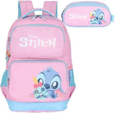 Imagem de Mochila Infantil Stitch com Estojo Triplo Rosa - Luxcel