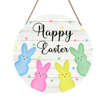 Imagem de Anyako Placa de porta branca Happy Easter para decoração da porta da frente, placa de madeira de bolinhas coloridas de coelhinho fofo 30,5 cm x 30,5 cm redondo para decoração de porta de mola para