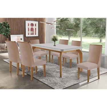 Imagem de Conjunto Sala de Jantar Londrina c/ Tampo Madeirado c/ Vidro Canto Curvo 180x90cm e 6 Cadeiras Dakota Madeira Maciça Naturale/Off White - Capuccino/Li