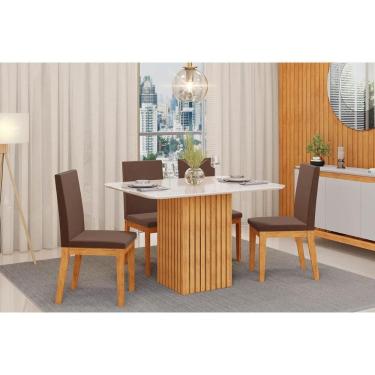 Imagem de Conjunto: Mesa Sala Jantar Canes c/ Tampo Madeirado c/ Vidro Curvo 120x90cm e 4 Cadeiras Suzy Cedro/Off White - Suede Moca - DJ Móveis