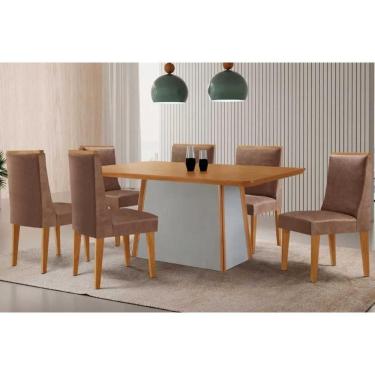 Imagem de Conjunto: Mesa Sala Jantar Tilia c/ Tampo Madeirado Canto Curvo 180x90cm e 6 Cadeiras Dakota Naturale/Off White - Corano Capuccino - Rufato