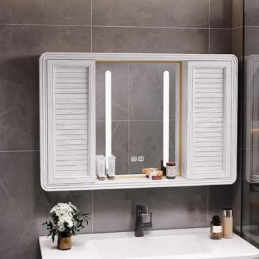 Imagem de Armário de remédios inteligente de LED com espelho antiembaçamento, armazenamento de banheiro de alumínio montado na parede, design moderno com interruptor de toque, iluminação LED, porta deslizante e