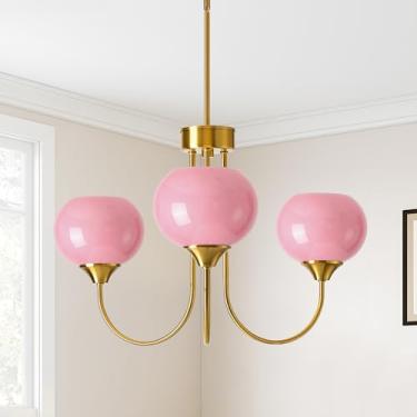 Imagem de FEAZAC Lustre de Globo de Vidro Rosa 3 Lustres Modernos de Meados do Século com Haste Decoração de Arte Vintage Luminárias de Teto para Sala de Jantar Cozinha Sala de Estar