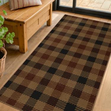 Imagem de Tapetes neutros de juta fáceis de 7,5 x 15 cm para entrada, tapete xadrez de búfalo para porta da frente, tapetes laváveis para entrada interna, pequena sala de estar, antiderrapante, decoração xadrez