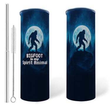 Imagem de Copo de pé grande com alça caneca de viagem Sasquatch xícara de café pé grande garrafa de aço inoxidável presentes para homens mulheres impressão engraçada de vidro de pé grande (azul escuro, 590 g)