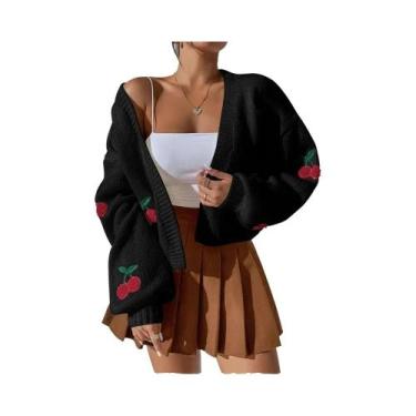 Imagem de Cardigã Feminino Solto Com Bordado De Cereja, Suéter De Tricô Moderno 