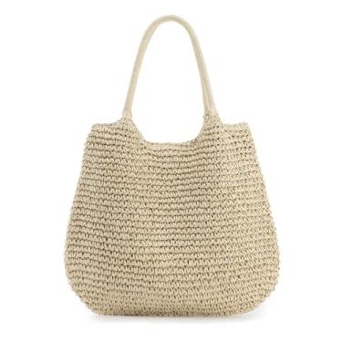 Imagem de Freie Liebe Bolsas de praia de palha de verão para mulheres grandes bolsas de ombro de tecido boho para férias, viagens, Bege