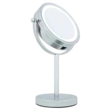 Imagem de Espelho Dupla Face com LED Iluminação 360° Aumento 2x Portátil com Pedestal Para Maquiagem Cuidados Pessoais Visibilidade Precisa Ajustável Cromado