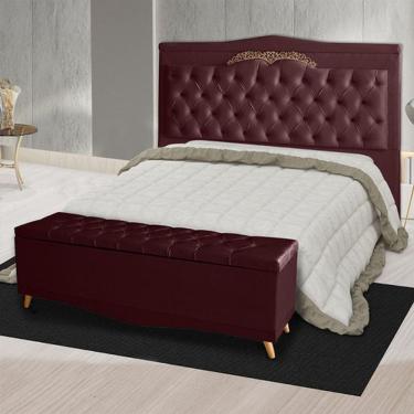 Imagem de Kit De Cabeceira De Cama Box E Calçadeira Baú Helena Casal 140 Cm Retro Capitonê Suede Bordo Eli Móveis