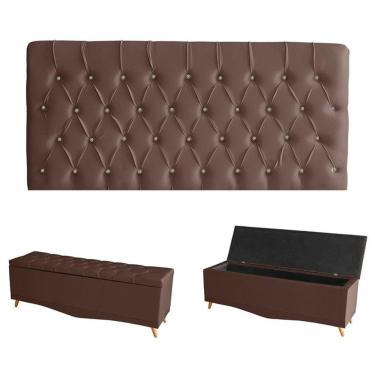 Imagem de Kit Estrela Cabeceira De Cama Painel E Calçadeira Baú Botão Cristal King 195 Cm Suede Rosê Eli Móveis E Decoração