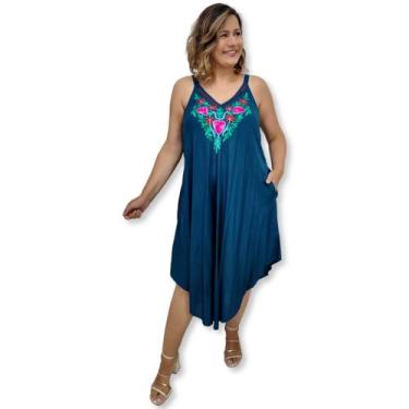 Imagem de Vestido Indiano Trapézio Liso com Bordados e Bolsos - Sarat Moda India