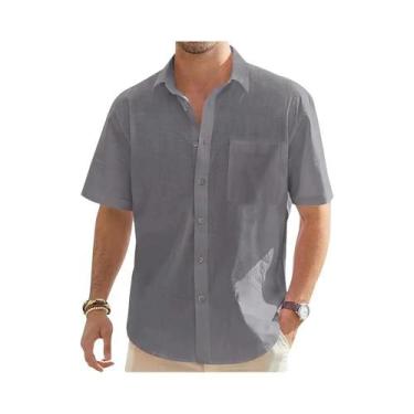 Imagem de Camisa Masculina De Verão Em Algodão E Linho De Cor Sólida, Manga Curt