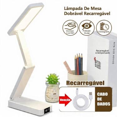 Imagem de Luminária de Mesa LED Articulada Recarregável com Relógio - Tudo em Caixa