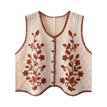 Imagem de Colete Feminino Vintage Com Bordado Floral Em Crochê, Sem Mangas, Com 