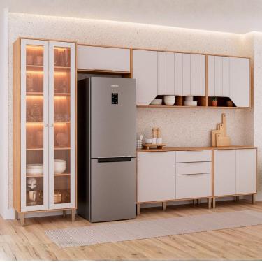 Imagem de Cozinha Modulada 6 Peças com 1 Cristaleira 2 Balcões e 3 Armários Aéreos Celeste Cinamomo/Off White