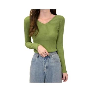 Imagem de Suéter Feminino Slim Fit Com Decote Em V, Manga Longa, Cor Sólida, Mod