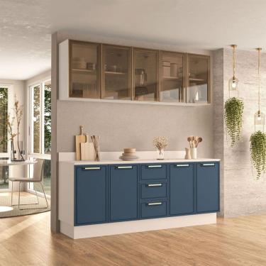 Imagem de Cozinha Compacta Amara 9 Portas 3 Gavetas com Vidro 40250786 Azul/Branco - Politorno