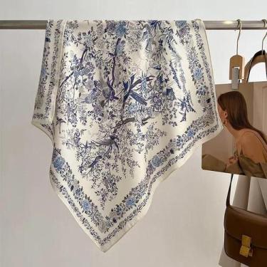 Imagem de Bandana de Algodão Floral 70cm - Lenço Quadrado para Mulheres e Menina