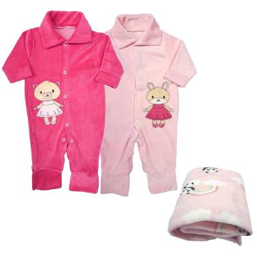 Imagem de Kit Roupas de Bebê 3 Peças Macacão Plush e Manta Microfibra