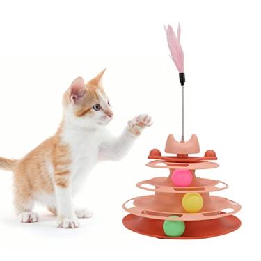 Imagem de ciciglow Brinquedo de gato de 3 níveis com taças de gato, brinquedo de gato de 3 níveis com 3 bolas coloridas e varinha de gato, brinquedo de gatinho divertido interativo para exercícios mentais de brinquedo gatinho (rosa)