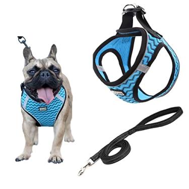 Imagem de Foern Arreios para cães, malha respirável, sem puxar, conjunto de coleira e coleira ajustável e refletor colete para cães caminhando caminhada, caminhada, para cães pequenos, médios, azul, P