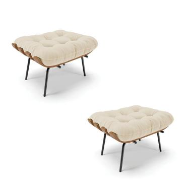 Imagem de Kit 02 Puffs Costela Linho Grosso Bege A19 Base Metálica Preto - D`Rossi