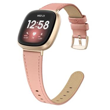 Imagem de EDIMENS Pulseiras de couro compatíveis com Fitbit Versa 3/Fitbit Sense para mulheres e homens, pulseiras de substituição de couro genuíno compatíveis com Versa 3/Sense, areia rosa com fivela dourada