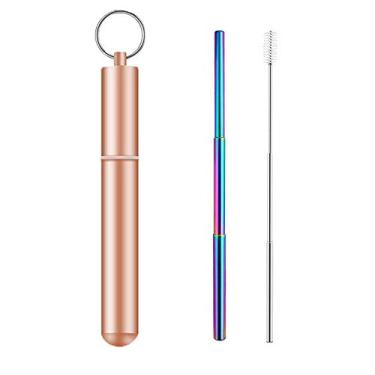 Imagem de Canudo desmontável de palha reutilizável de canudo inoxidável portátil canudo telescópico com capa de alumínio, Dourado