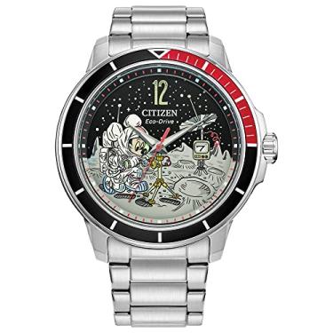 Imagem de Citizen Eco-Drive Relógio masculino Mickey Astronaut de aço inoxidável, moldura vermelha e preta, (modelo: AW1709-54W), Prateado, Moderno