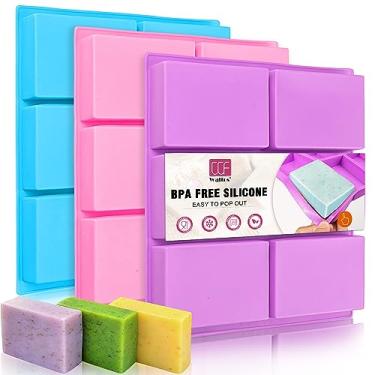 Imagem de Walfos Conjunto de 3 moldes de sabão de silicone, 6 cavidades, retangulares, moldes de sabão de silicone para artesanato caseiro, bolo, chocolate e bandeja de cubos de gelo (azul, roxo e rosa)