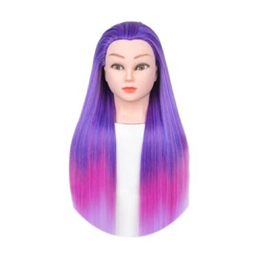 Imagem de Esquirla Cabeça de boneca de treinamento, cabeça de manequim para treinamento de cabeleireiro diy, cabelo de fibra sintética com suporte de braçadeira para, Rosa Violeta Gradual