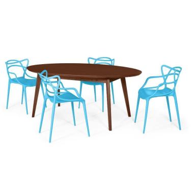 Imagem de Conjunto Mesa de Jantar Oval Vértice Nozes 190cm com 4 Cadeiras Allegra - Azul