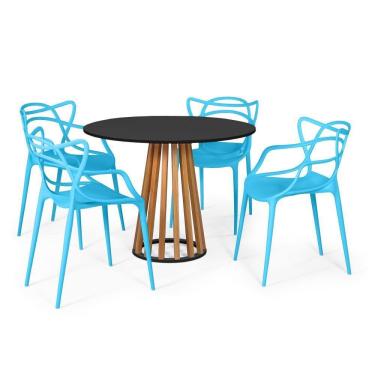 Imagem de Conjunto Mesa de Jantar Redonda Preta 100cm Talia Amadeirada com 4 Cadeiras Allegra - Azul