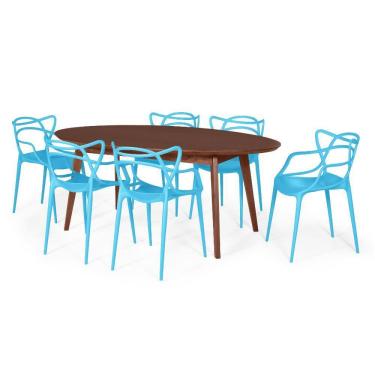 Imagem de Conjunto Mesa de Jantar Oval Vértice Nozes 190cm com 6 Cadeiras Allegra - Azul