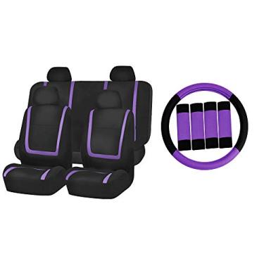 Imagem de FH Group Capas de assento de carro de pano plano exclusivas w. Capa de volante e almofadas de cinto de segurança - Universal carro, caminhão, SUV ou Van (Roxo/Preto) FB032114